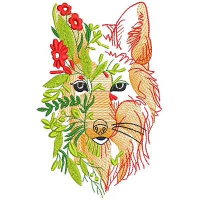Wolf hidden in autumn foliage embroidery design showcasing intricate stitching patterns in vibrant colors.