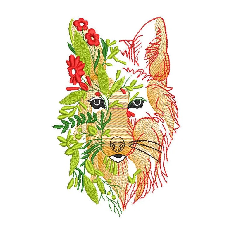 Wolf hidden in autumn foliage embroidery design showcasing intricate stitching patterns in vibrant colors.