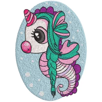 Seahorse girl with long braids embroidery design showcasing intricate details for creative stitching projects.
