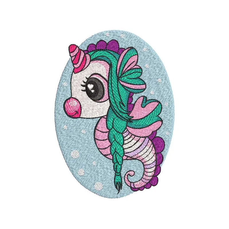 Seahorse girl with long braids embroidery design showcasing intricate details for creative stitching projects.
