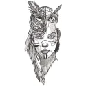 Embroidery design featuring an Indian woman dressed as an owl, showcasing intricate stitching patterns and vibrant details.