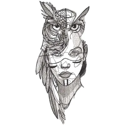 Embroidery design featuring an Indian woman dressed as an owl, showcasing intricate stitching patterns and vibrant details.