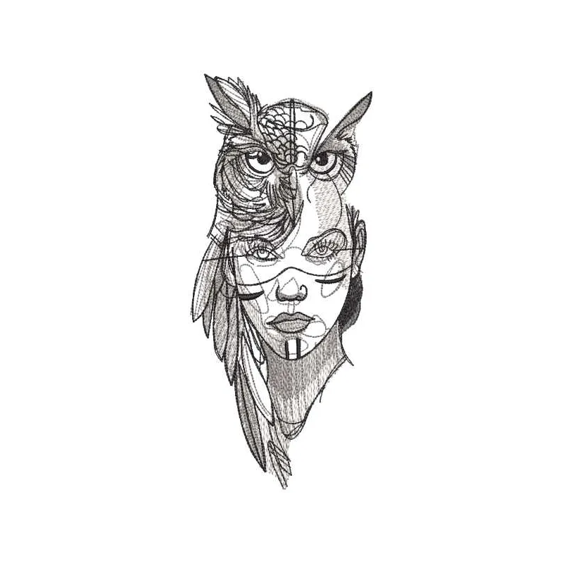 Embroidery design featuring an Indian woman dressed as an owl, showcasing intricate stitching patterns and vibrant details.