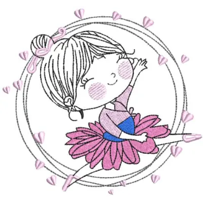 Dancing ballerina in a circle of love embroidery design, perfect for embellishing apparel and accessories.