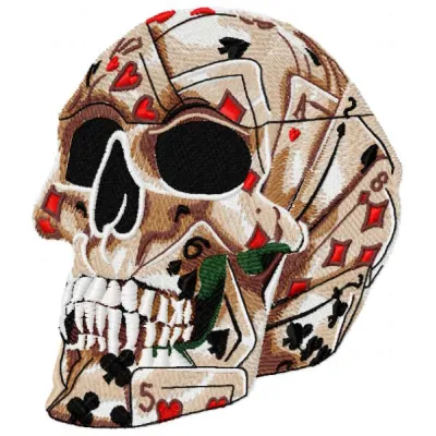 Skull with playing cards embroidery design showcasing a detailed stitched motif for creative projects.