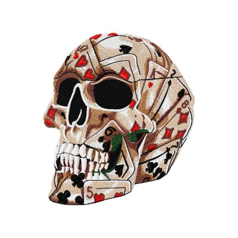 Skull with playing cards embroidery design showcasing a detailed stitched motif for creative projects.