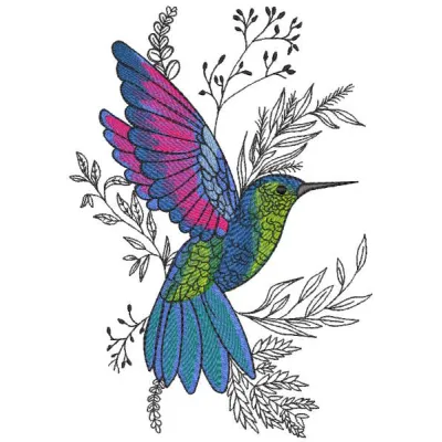 Fluttering hummingbird embroidery design showcasing vibrant stitches, perfect for embellishing home decor or apparel.