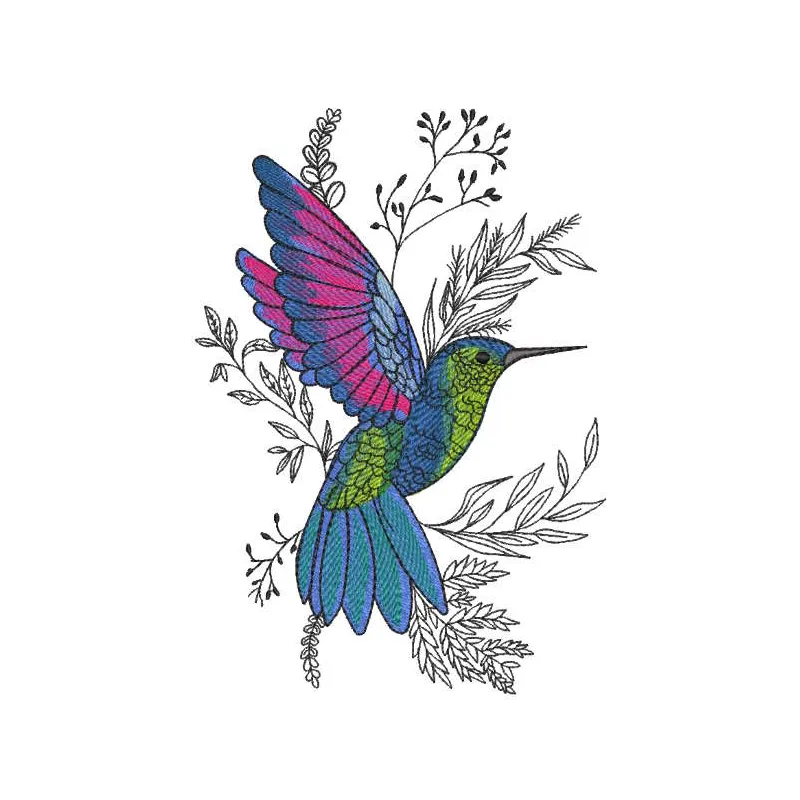 Fluttering hummingbird embroidery design showcasing vibrant stitches, perfect for embellishing home decor or apparel.