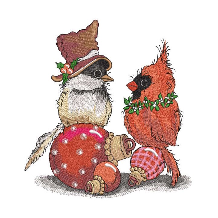 Costumed birds sit on Christmas balls embroidery design - Embroidery Design