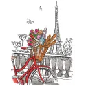 Embroidery design featuring a bicycle with a basket in front of the Eiffel Tower, ideal for city-themed projects.