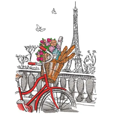 Embroidery design featuring a bicycle with a basket in front of the Eiffel Tower, ideal for city-themed projects.