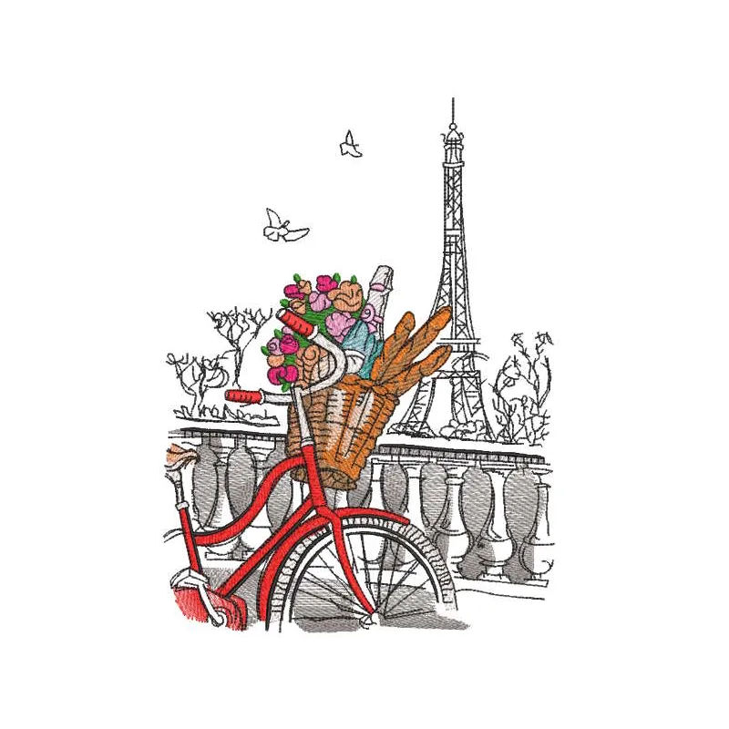 Embroidery design featuring a bicycle with a basket in front of the Eiffel Tower, ideal for city-themed projects.