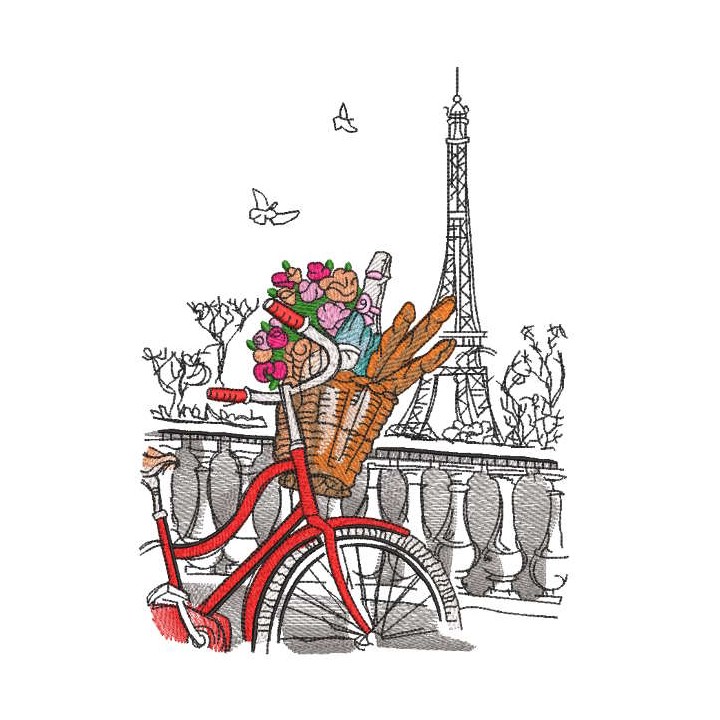 Bicycle with basket at the Eiffel Tower embroidery design - Embroidery Design