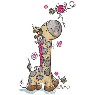 Giraffe looks at a bird carrying a branch embroidery design - Embroidery Design