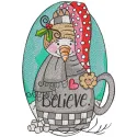 Vintage snowman embroidery design featuring the phrase 'Believe' on a festive cup, ideal for holiday stitching.