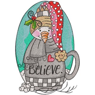 Vintage snowman believe in cup embroidery design - Embroidery Design