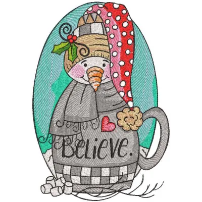 Vintage snowman embroidery design featuring the phrase 'Believe' on a festive cup, ideal for holiday stitching.