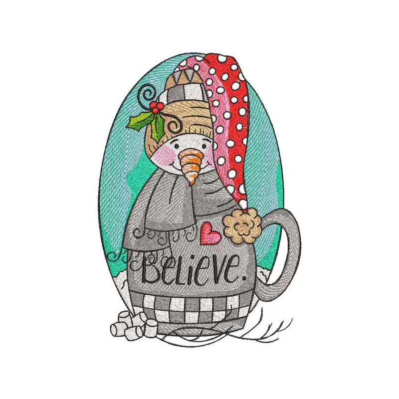 Vintage snowman embroidery design featuring the phrase 'Believe' on a festive cup, ideal for holiday stitching.
