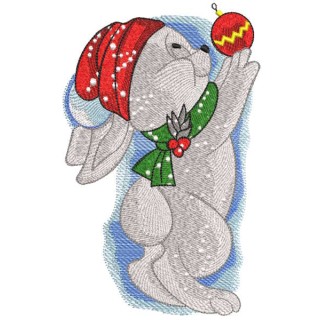 Bunny hangs toys on the Christmas tree embroidery design - Embroidery Design