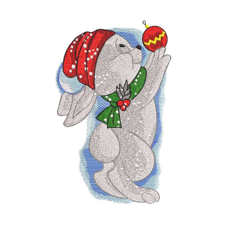 Bunny hangs toys on the Christmas tree embroidery design - Embroidery Design