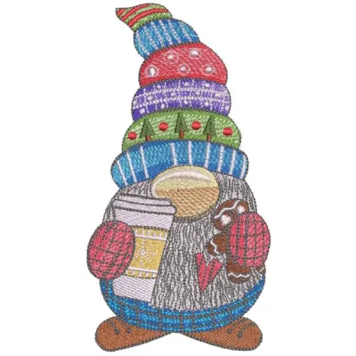 Dwarf with a cup of coffee and gingerbread embroidery design featuring a whimsical gnome motif.