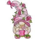 Roses dwarf with magic pot embroidery design showcasing a whimsical gnome surrounded by floral elements.
