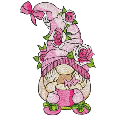 Roses dwarf with magic pot embroidery design showcasing a whimsical gnome surrounded by floral elements.