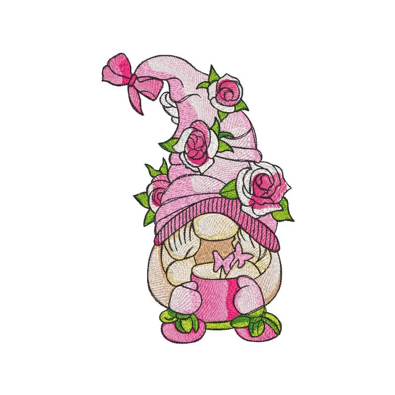 Roses dwarf with magic pot embroidery design showcasing a whimsical gnome surrounded by floral elements.