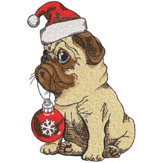 Bulldog in santa hat and christmas ball embroidery design - Embroidery Design