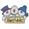 Trio Snowmen happy winter embroidery design showcasing three cheerful snowmen in winter attire.