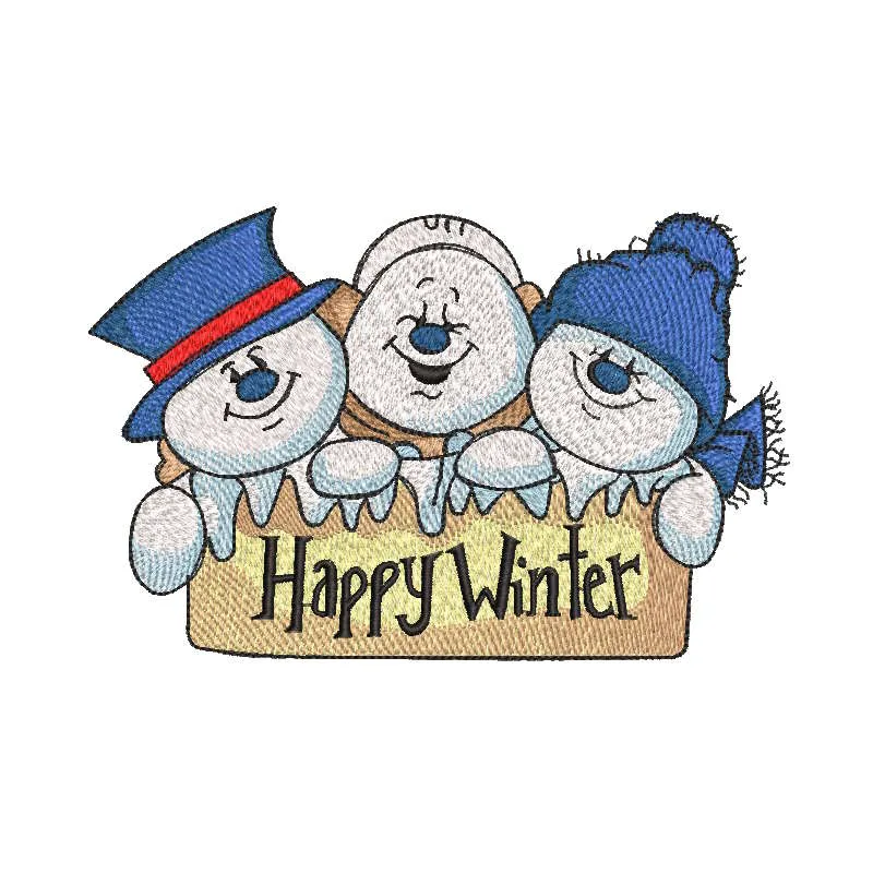 Trio Snowmen happy winter embroidery design showcasing three cheerful snowmen in winter attire.