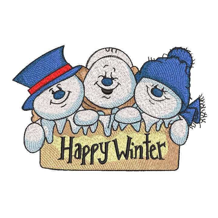 Trio Snowmen happy winter embroidery design - Embroidery Design