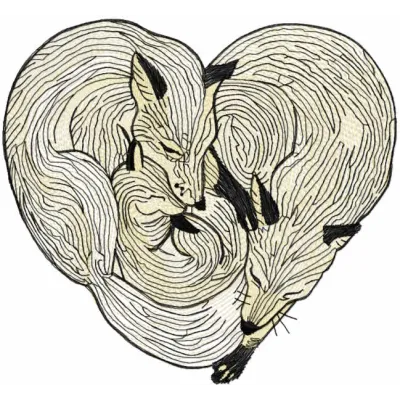Preview of two adorable sleeping foxes embroidery design, showcasing intricate stitching details and charming features.