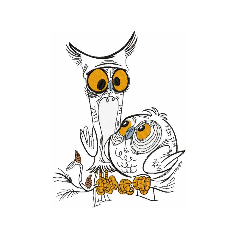 Two owls friends embroidery design showcasing adorable stitched motifs of two cute owls in vibrant colors.