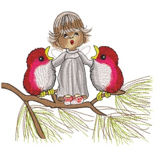 Snow angel sings songs with birds embroidery design - Embroidery Design