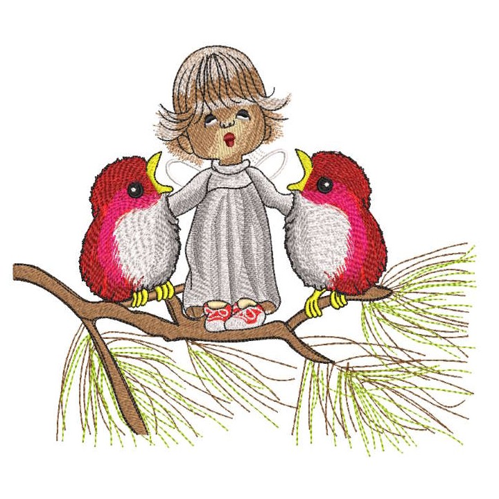 Snow angel sings songs with birds embroidery design - Embroidery Design