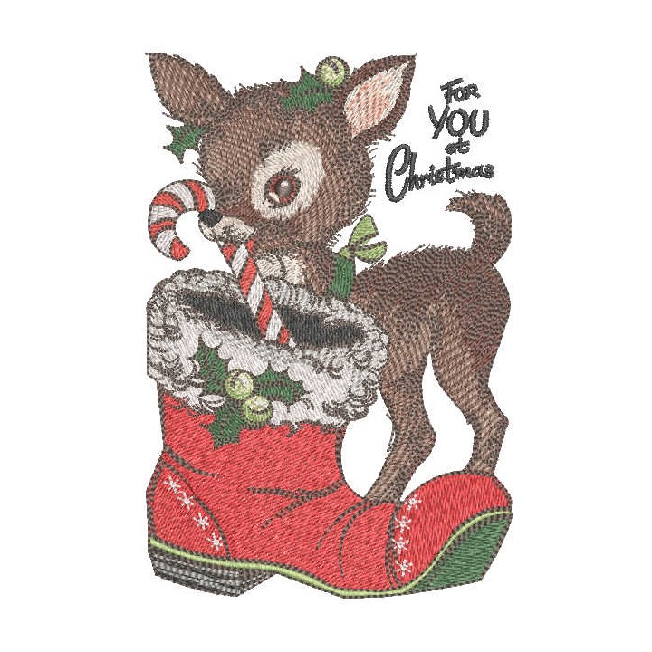 Deer puts candy stick in christmas boot embroidery design - Embroidery Design