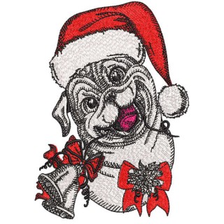 Bulldog in santa hat with bells embroidery design - Embroidery Design