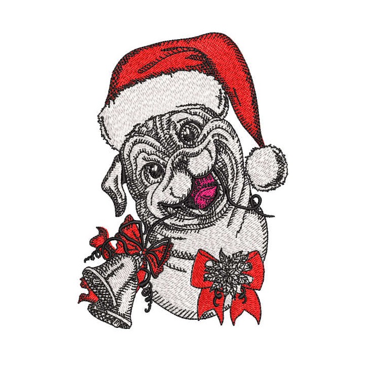 Bulldog in santa hat with bells embroidery design - Embroidery Design