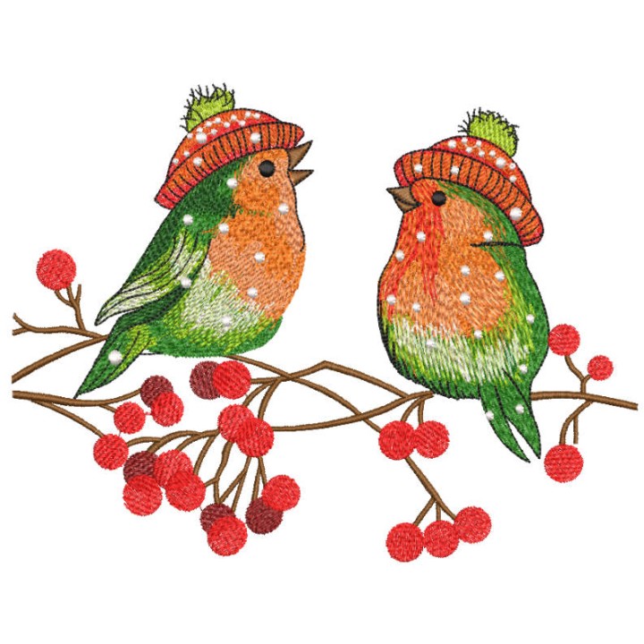 Two singing winter birds in knitted hats embroidery design - Embroidery Design