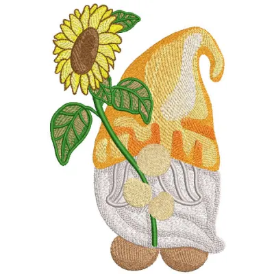 Embroidery design of a whimsical gnome holding a large sunflower, ideal for various stitching projects.