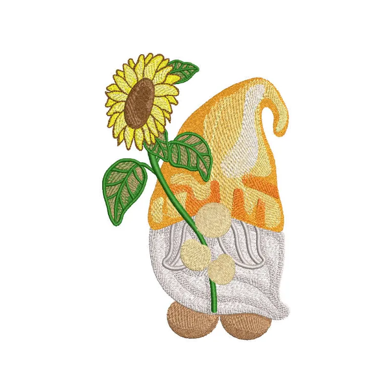 Embroidery design of a whimsical gnome holding a large sunflower, ideal for various stitching projects.