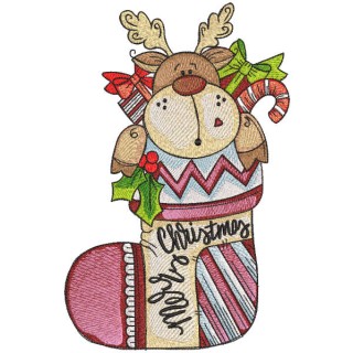 Moose with gifts in christmas sock embroidery design - Embroidery Design