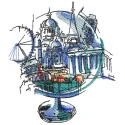 Embroidery design featuring a globe with mirages of cities, ideal for crafting unique travel-themed projects.