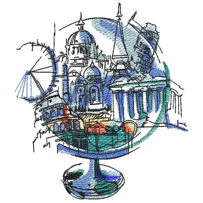 Embroidery design featuring a globe with mirages of cities, ideal for crafting unique travel-themed projects.