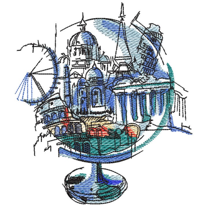 Globe with mirages of cities embroidery design - Embroidery Design