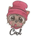 Embroidery design featuring a playful dog wearing a winter hat with its tongue hanging out, perfect for pet lovers.