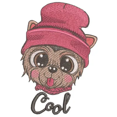 Embroidery design featuring a playful dog wearing a winter hat with its tongue hanging out, perfect for pet lovers.