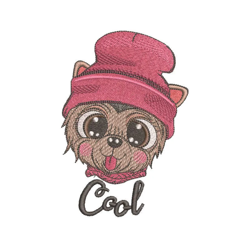 Embroidery design featuring a playful dog wearing a winter hat with its tongue hanging out, perfect for pet lovers.