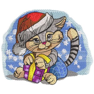 Kitten in santa hat with a gift under snow embroidery design - Embroidery Design